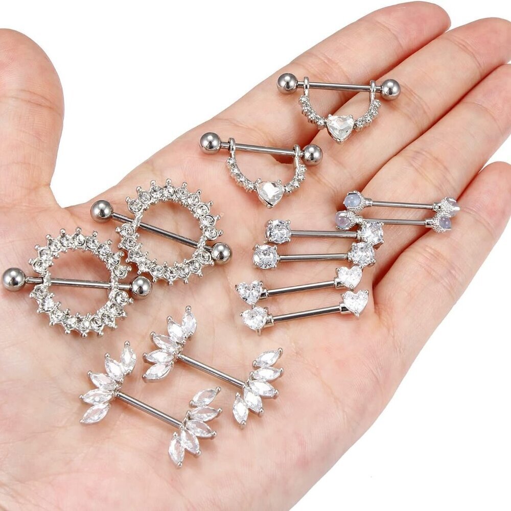 14G Surgical Steel Nipple Rings Set Women Men CZ Crystal Pearl Jewelry - Picture 3 of 3